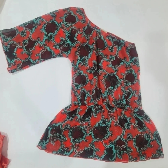 L'space Medium One Shoulder Swim Cover Up Dress Sheer‎ Chiffon Red Aqua Print - Picture 1 of 5